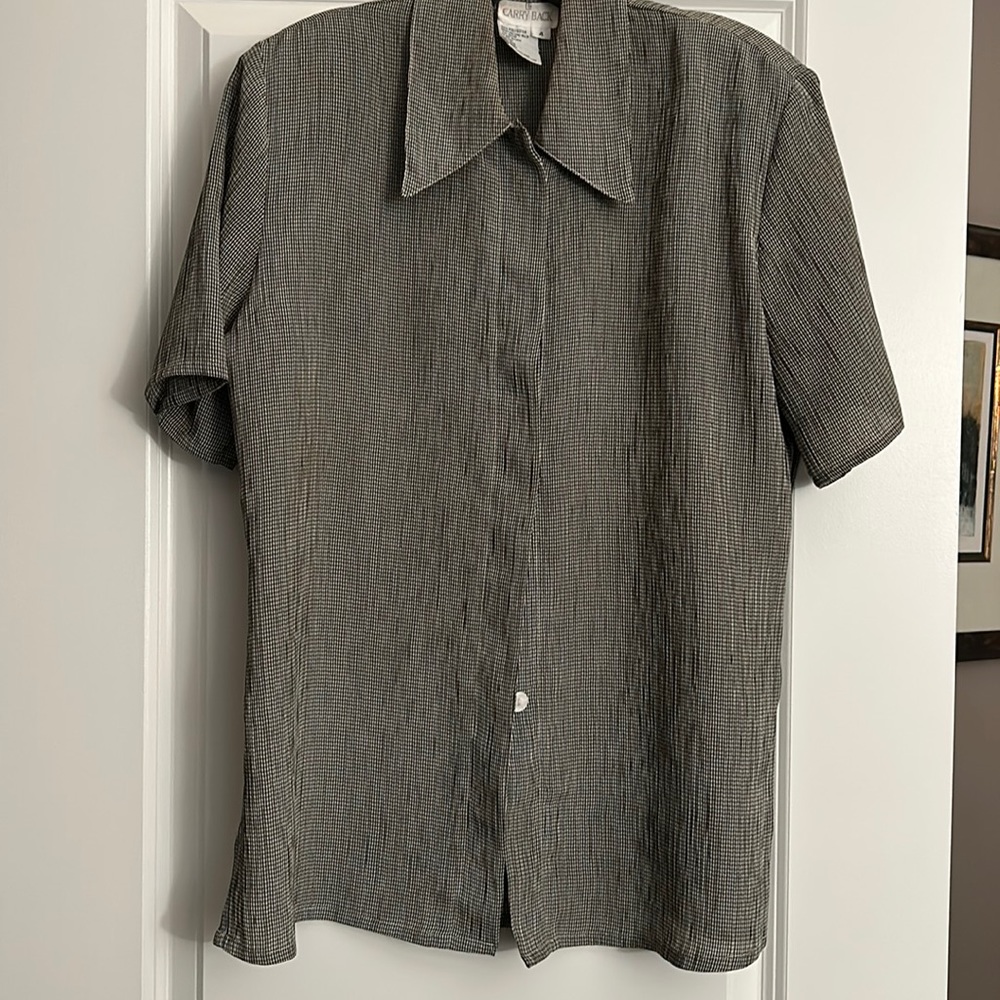 White and black size 4 blouse made by Carry Back.